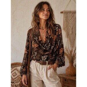 Brown Floral Boho Earth Tone Blouse Sheer Sleeves V-Neck Elastic Cuffs Sz M